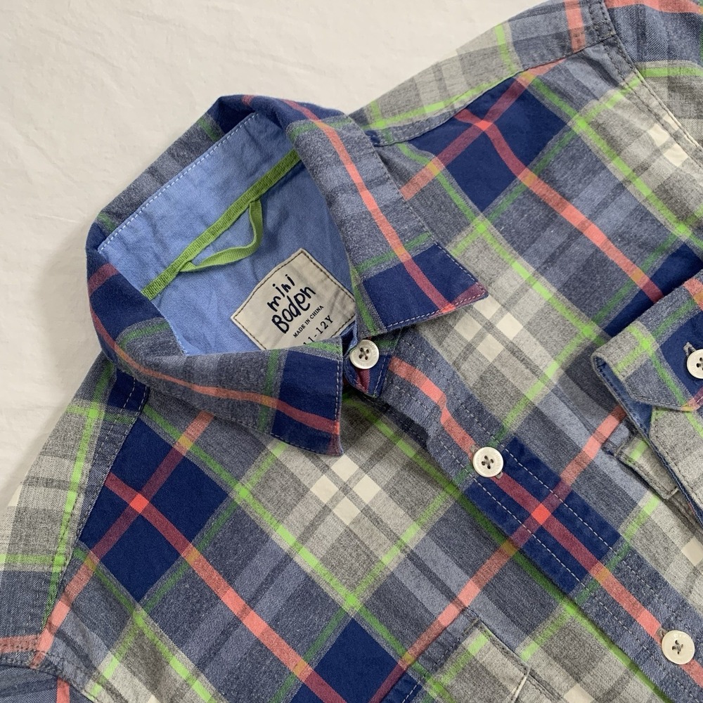 Mini Boden Boys Size 11-12 Plaid Long Sleeve 100%‎ Cotton Button Up Shirt EUC